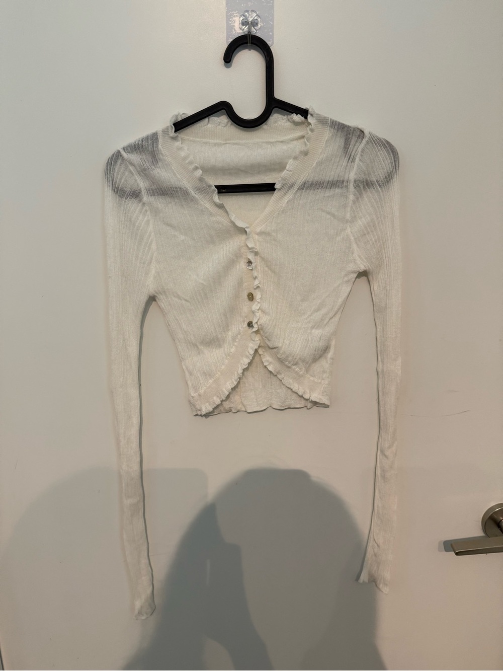 White Ruffle-Trim Long Sleeve Crop Top